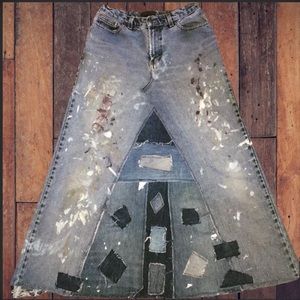 Upcycled hippie boho tattered denim jean patched paint splattered maxi skirt